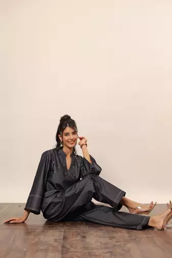 Black cotton denim solid short kurta top with widelegs pant co-ord set