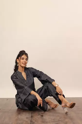 Black cotton denim solid short kurta top with widelegs pant co-ord set