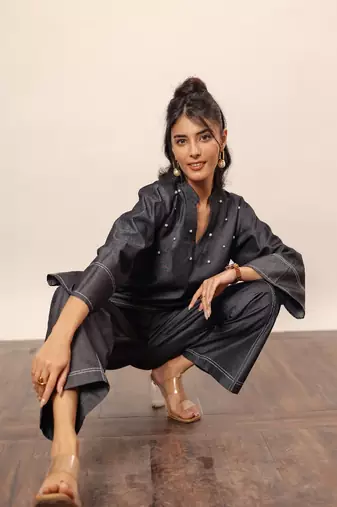 Black cotton denim solid short kurta top with widelegs pant co-ord set