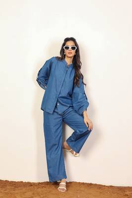 Dark blue solid denim cotton full sleeves shirt with wideleg trouser co-ord set 1