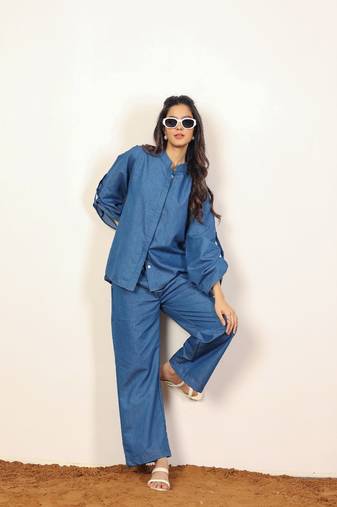 Dark blue solid denim cotton full sleeves shirt with wideleg trouser co-ord set