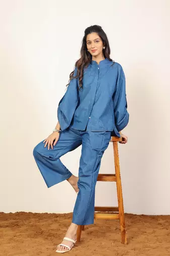 Dark blue solid denim cotton full sleeves shirt with wideleg trouser co-ord set