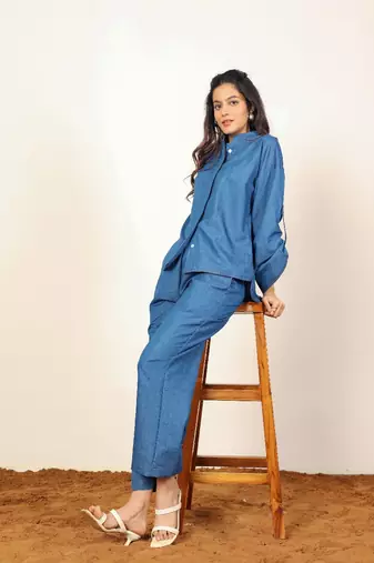 Dark blue solid denim cotton full sleeves shirt with wideleg trouser co-ord set