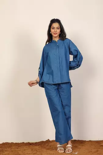 Dark blue solid denim cotton full sleeves shirt with wideleg trouser co-ord set