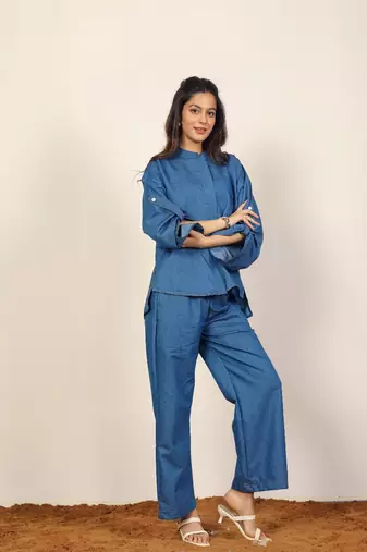Dark blue solid denim cotton full sleeves shirt with wideleg trouser co-ord set