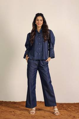dark blue solid denim cotton collared shirt with wideleg trouser co-ord set 1
