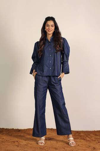 dark blue solid denim cotton collared shirt with wideleg trouser co-ord set
