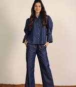 dark blue solid denim cotton collared shirt with wideleg trouser co-ord set