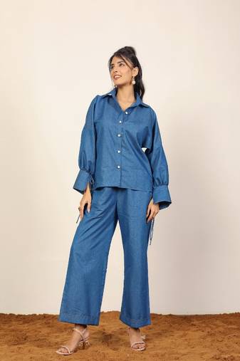 Blue solid denim cotton full sleeves shirt with wideleg trouser co-ord set