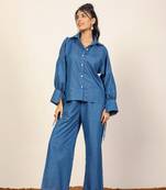 Blue solid denim cotton full sleeves shirt with wideleg trouser co-ord set
