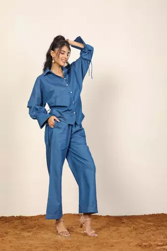 Blue solid denim cotton full sleeves shirt with wideleg trouser co-ord set