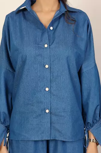 Blue solid denim cotton full sleeves shirt with wideleg trouser co-ord set