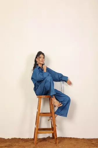 Blue solid denim cotton full sleeves shirt with wideleg trouser co-ord set