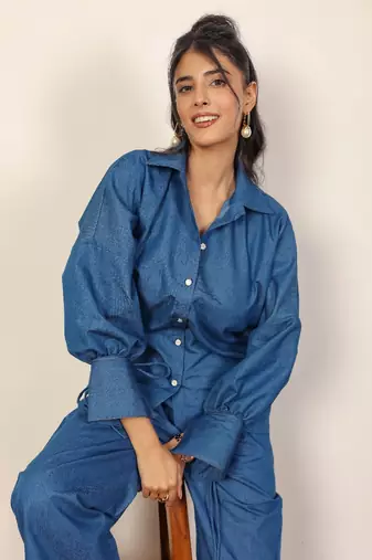 Blue solid denim cotton full sleeves shirt with wideleg trouser co-ord set