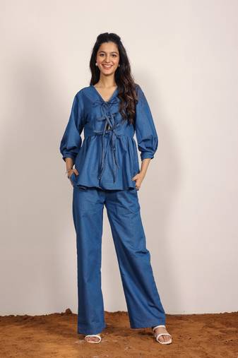Blue solid denim cotton top with straight leg trouser co-ord set