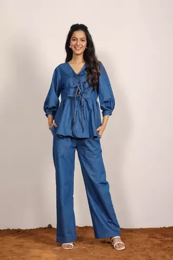 Blue solid denim cotton top with straight leg trouser co-ord set