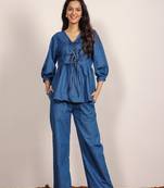 Blue solid denim cotton top with straight leg trouser co-ord set