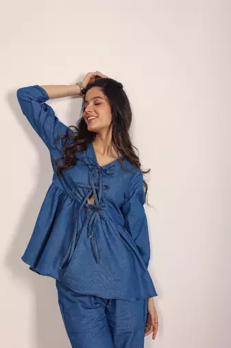 Blue solid denim cotton top with straight leg trouser co-ord set