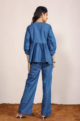 Blue solid denim cotton top with straight leg trouser co-ord set 4