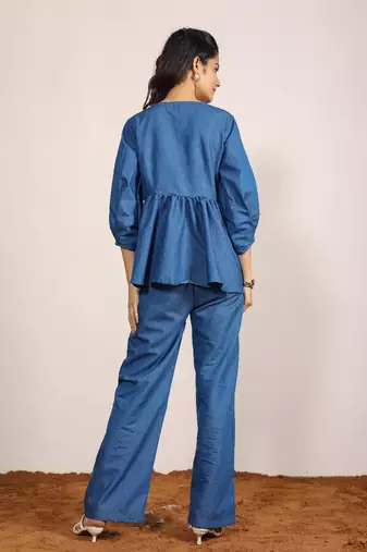 Blue solid denim cotton top with straight leg trouser co-ord set