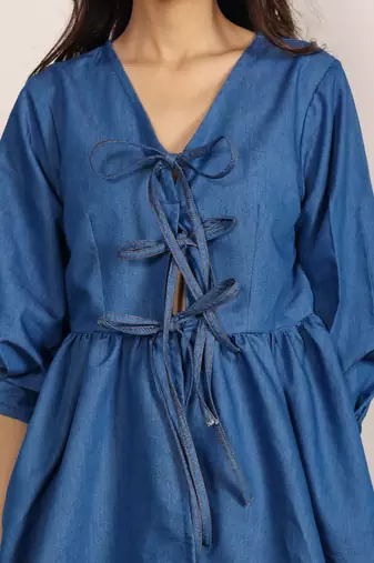 Blue solid denim cotton top with straight leg trouser co-ord set