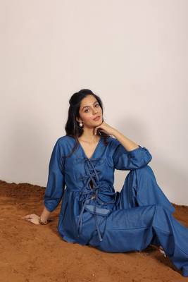 Blue solid denim cotton top with straight leg trouser co-ord set 6