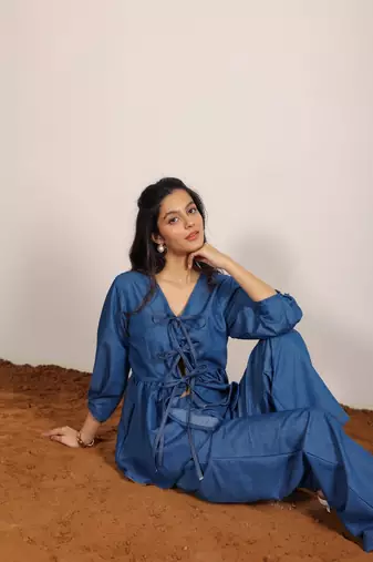 Blue solid denim cotton top with straight leg trouser co-ord set