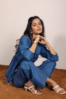 Blue solid denim cotton top with straight leg trouser co-ord set 7