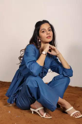 Blue solid denim cotton top with straight leg trouser co-ord set