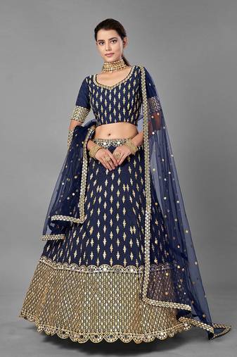 Women's Navy Blue Dola Silk zari  & 3MM Sequins Embroidered Lehenga Choli Set