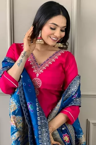 Pink embroidered viscose  salwar kameez set