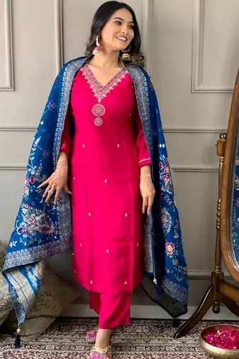 Pink embroidered viscose  salwar kameez set