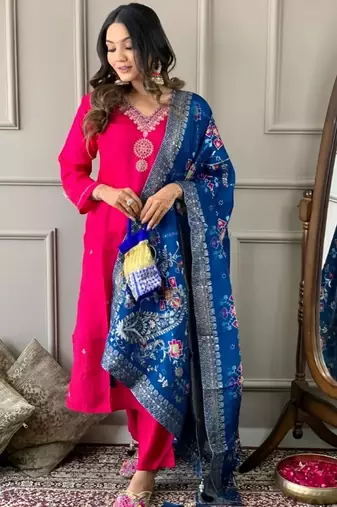 Pink embroidered viscose  salwar kameez set