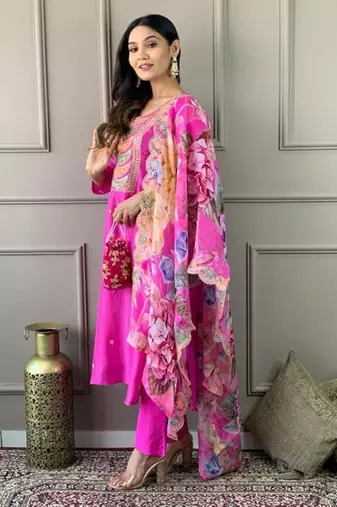 Pink embroidered viscose  salwar kameez set