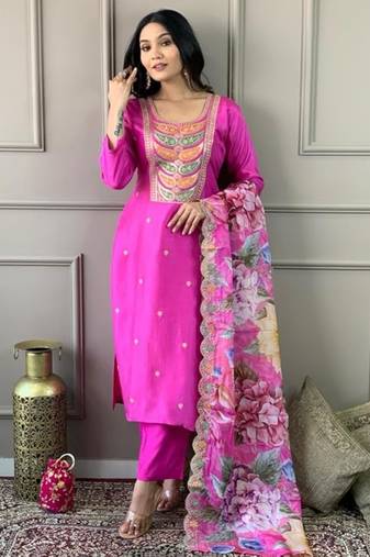 Pink embroidered viscose  salwar kameez set