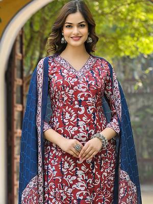 Women maroon rayon blend ethnic motifs printed straight kurta trousers with dupatta 2