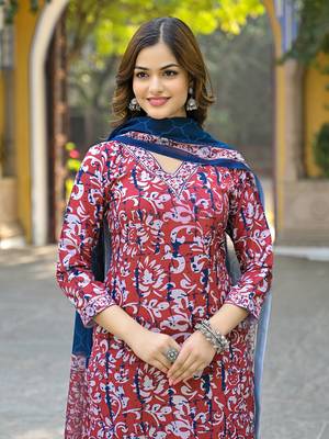 Women maroon rayon blend ethnic motifs printed straight kurta trousers with dupatta 3