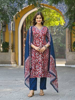 Women maroon rayon blend ethnic motifs printed straight kurta trousers with dupatta 5