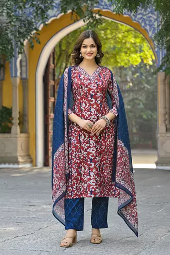 Women maroon rayon blend ethnic motifs printed straight kurta trousers with dupatta