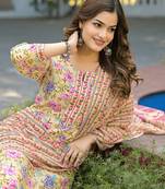 Women yellow rayon blend floral printed straight kurta trousers with dupatta