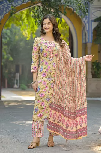 Women yellow rayon blend floral printed straight kurta trousers with dupatta
