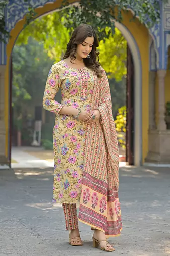 Women yellow rayon blend floral printed straight kurta trousers with dupatta