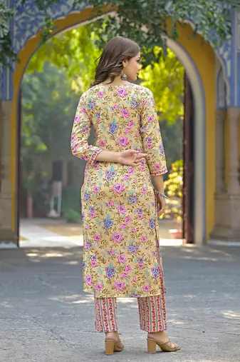 Women yellow rayon blend floral printed straight kurta trousers with dupatta