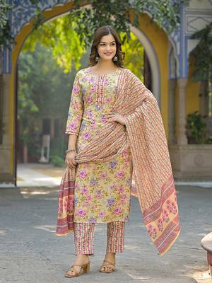 Women yellow rayon blend floral printed straight kurta trousers with dupatta 5