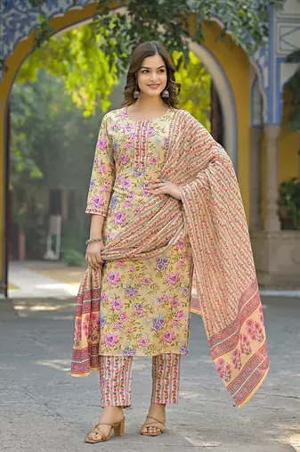 Women yellow rayon blend floral printed straight kurta trousers with dupatta