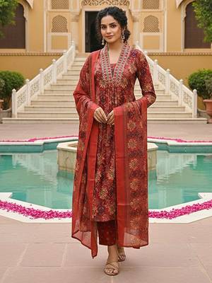 Women red rayon blend floral printed straight kurta trousers with dupatta 1
