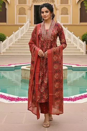 Women red rayon blend floral printed straight kurta trousers with dupatta