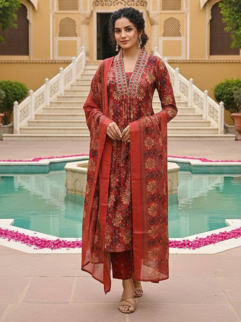 Women red rayon blend floral printed straight kurta trousers with dupatta
