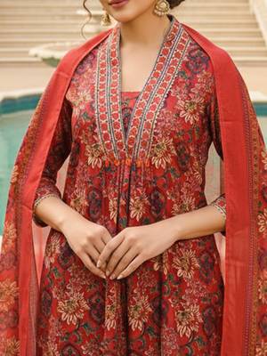 Women red rayon blend floral printed straight kurta trousers with dupatta 2