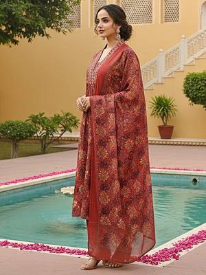 Women red rayon blend floral printed straight kurta trousers with dupatta 3